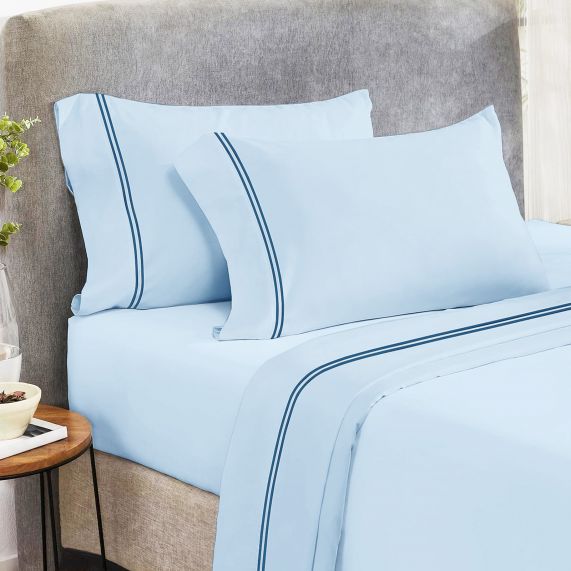 Sky Blue Deep Queen Navy Detail Embroidered 1000TC Cotton Sheet Set