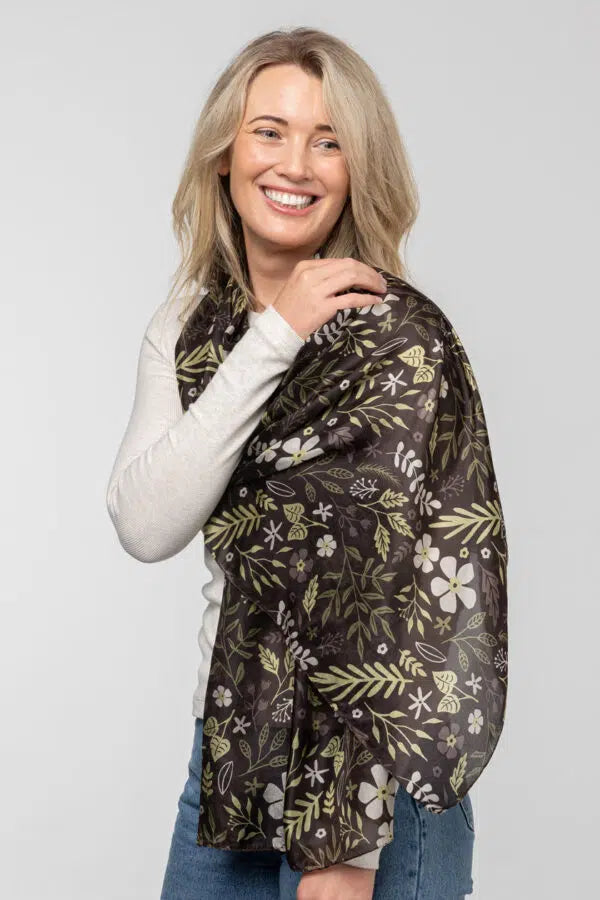 Australian Garden Silk Scarf Chocolate