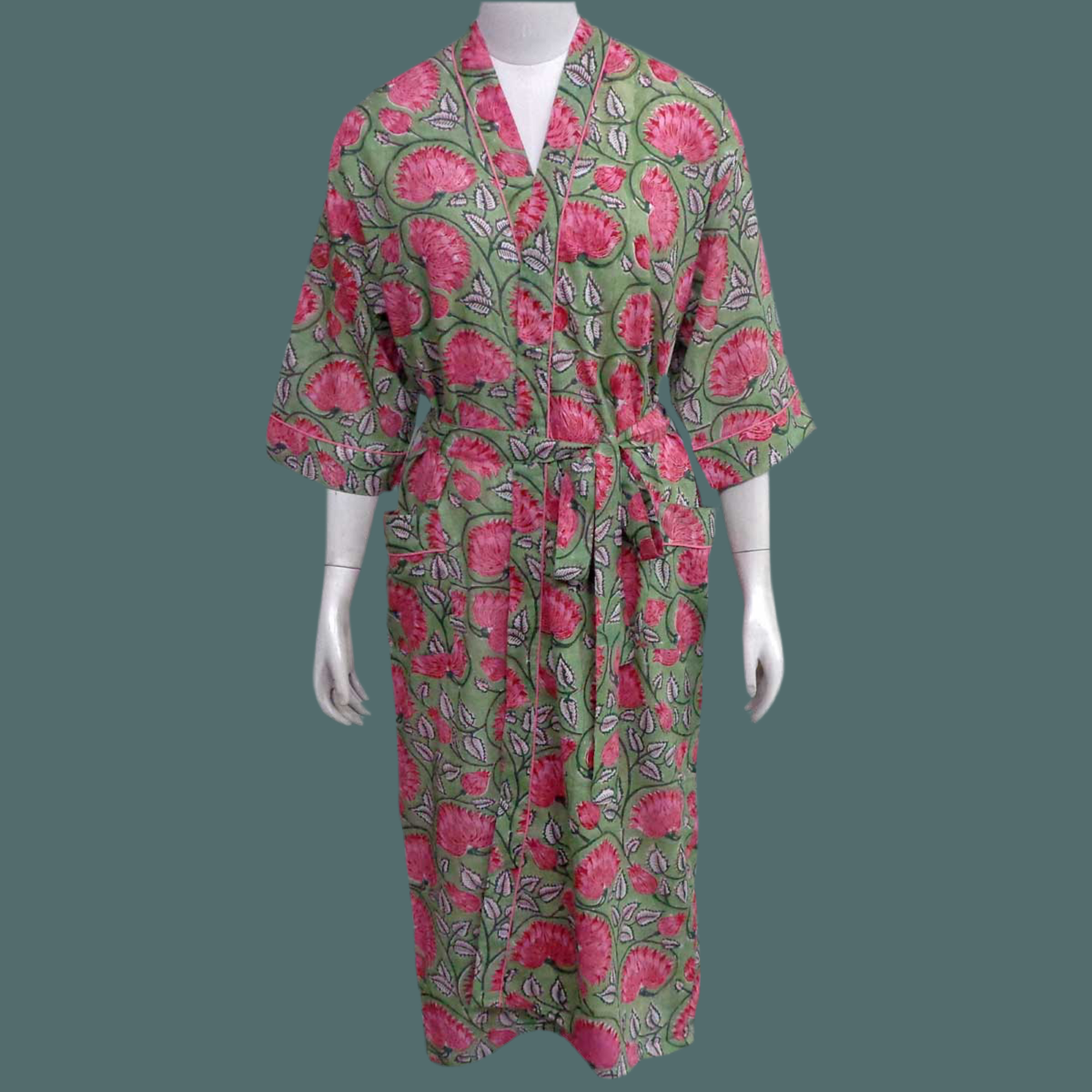 Kimono Kamal Block Print Pink & Olive
