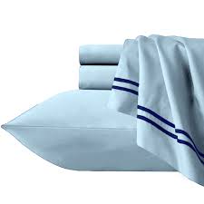 Sky Blue Deep Queen Navy Detail Embroidered 1000TC Cotton Sheet Set