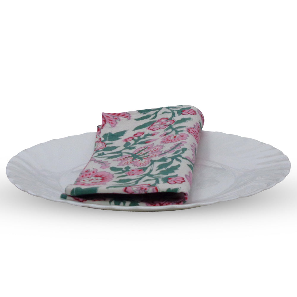 Block Printed Cotton Napkin Mohini Green Open Set/4