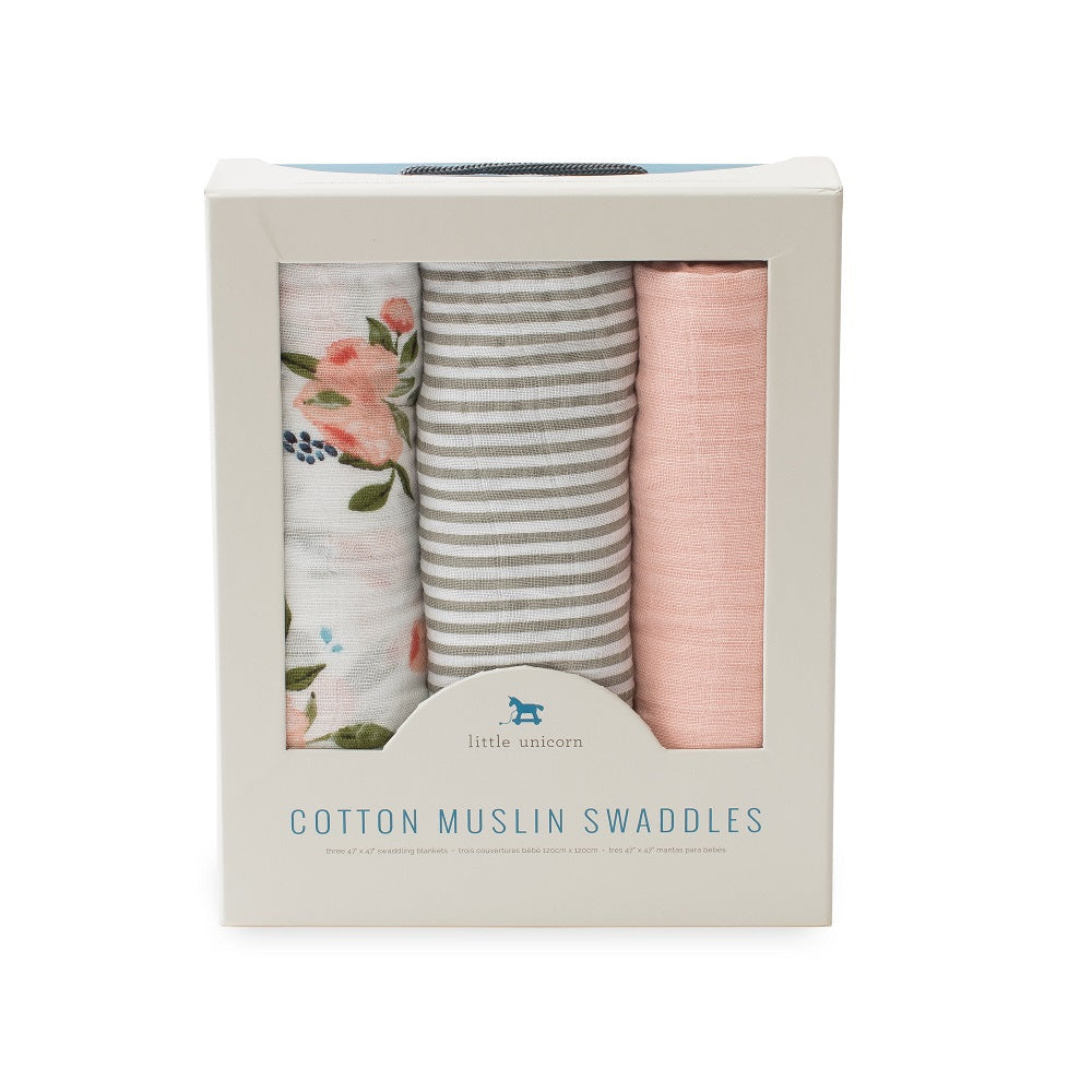 Swaddle Cotton Muslin Watercolour Roses 3pk