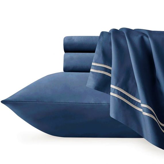 Navy Deep King White Detail Embroidered 1000TC Cotton Sheet Set