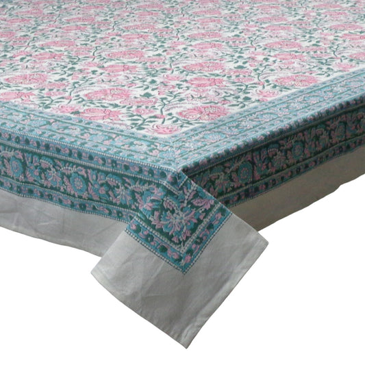 Block Print Tablecloth Mohini 180x340cm Pink & Aqua