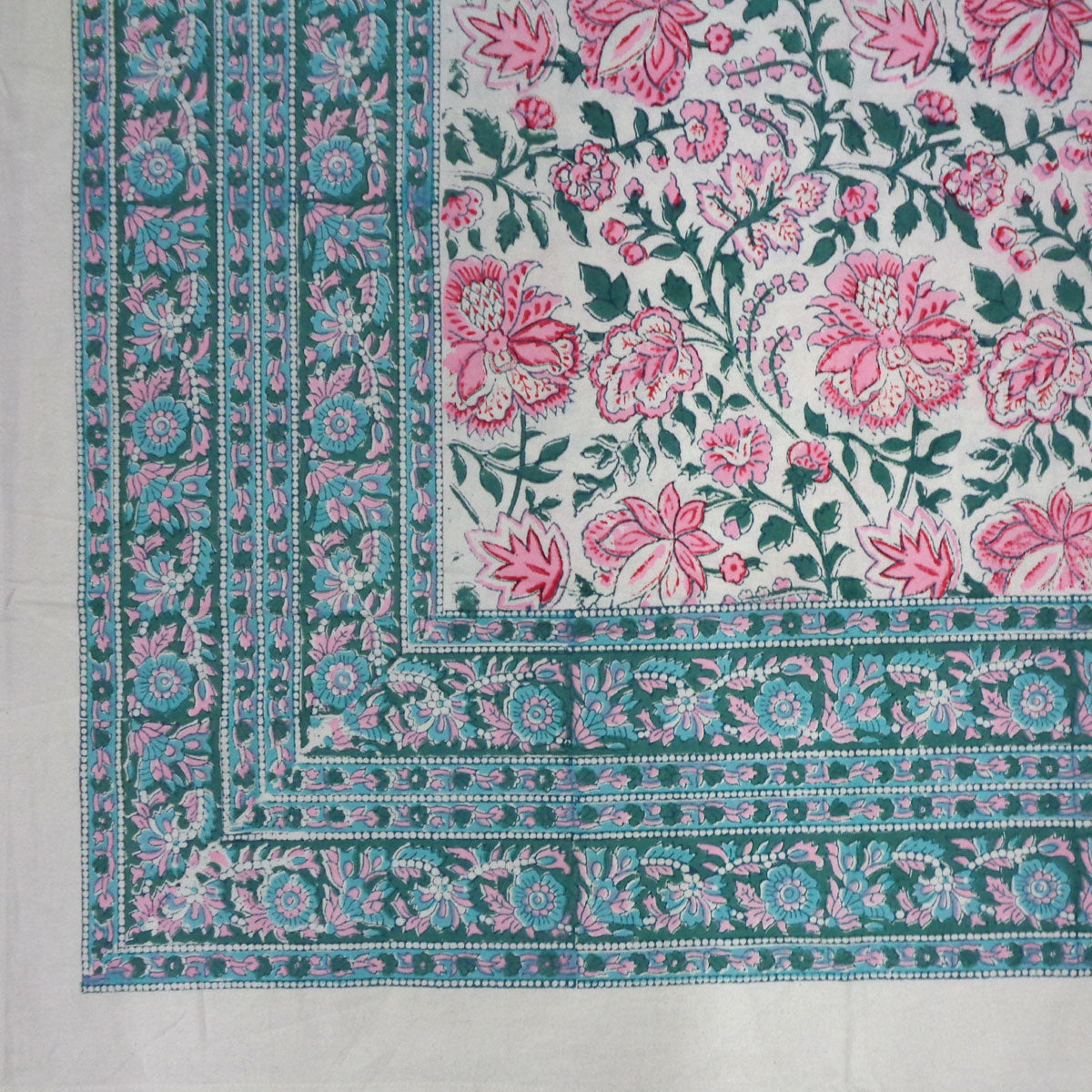 Block Print Tablecloth Mohini 180x340cm Pink & Aqua