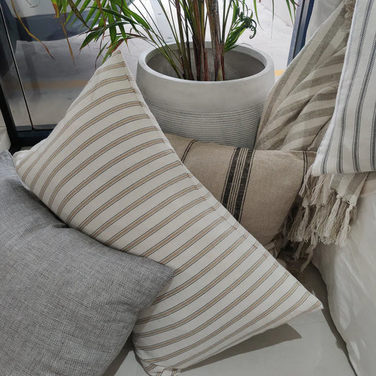 LUCCA Stonewashed French Linen Cushion 40cmx60cm - Quartz Sand & White Striped