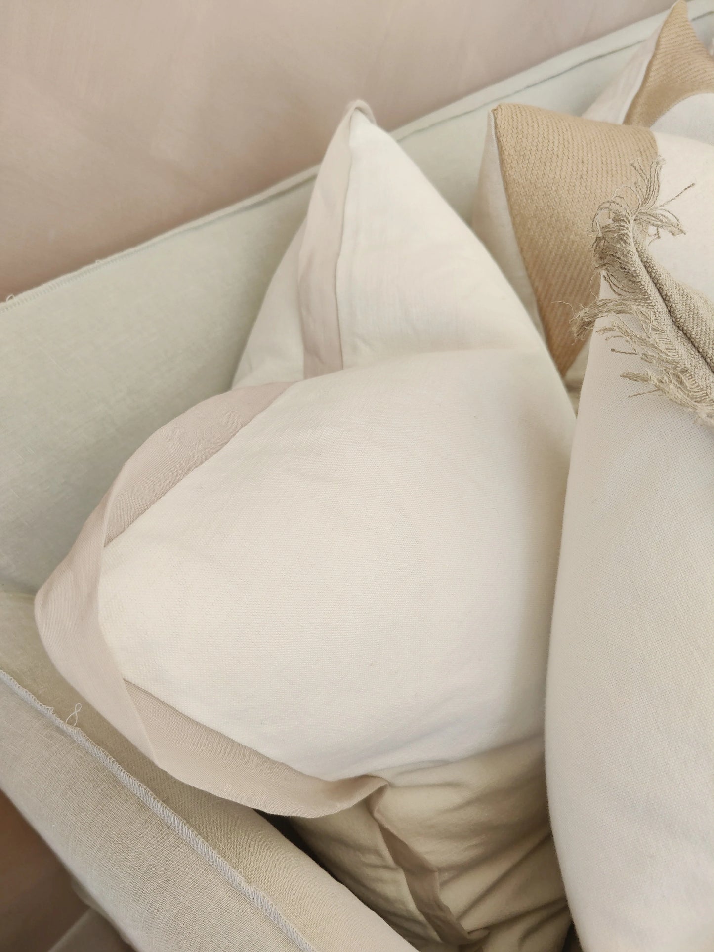 Reine Linen Cushion 55cm Square - White with Light Nude Border