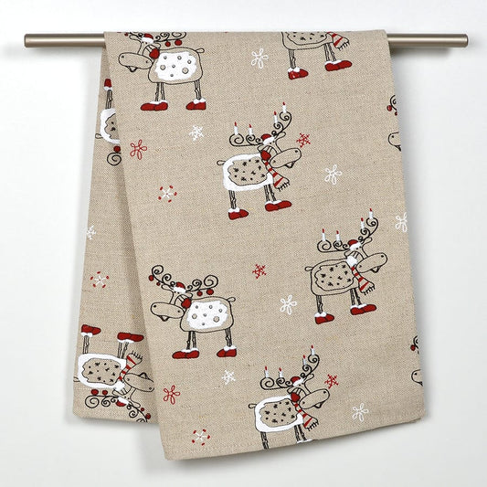 Christmas Reindeer with Candles Tea Towel