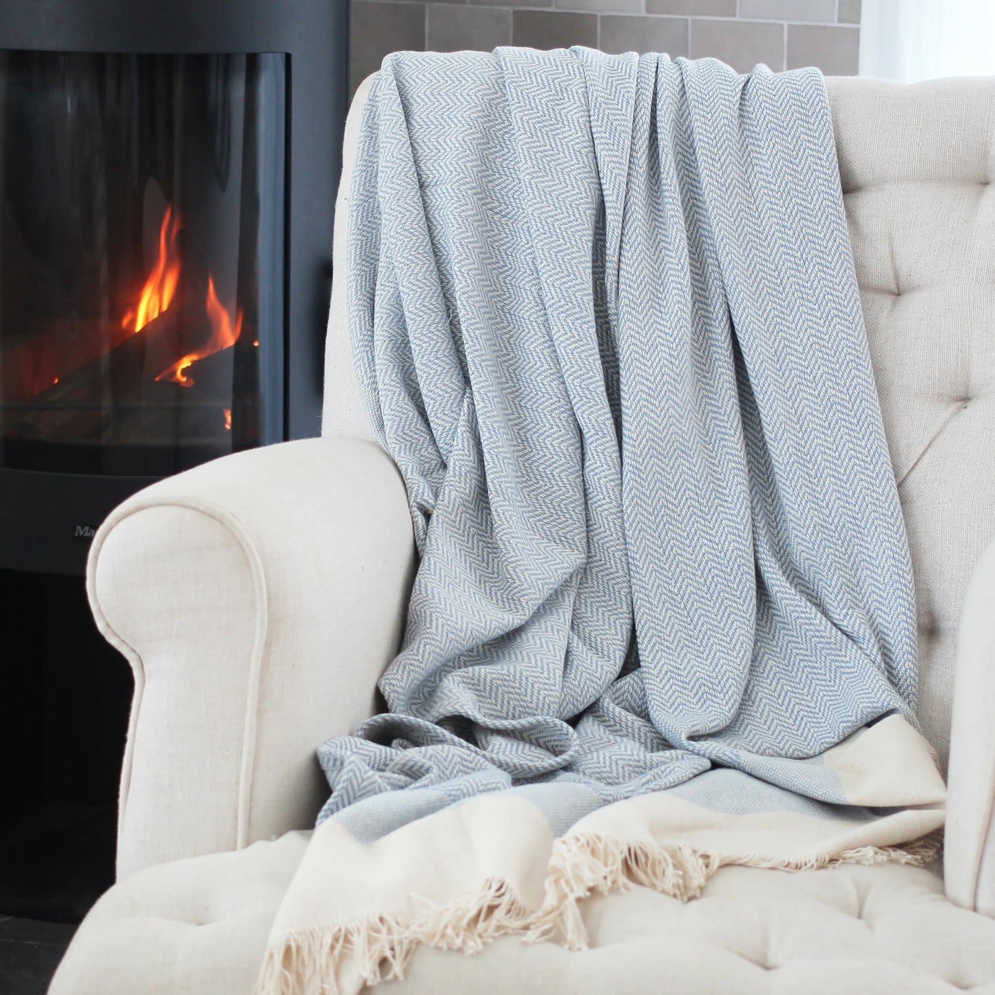 Heavy Cotton Herringbone Throw - Light Blue 130x170cm