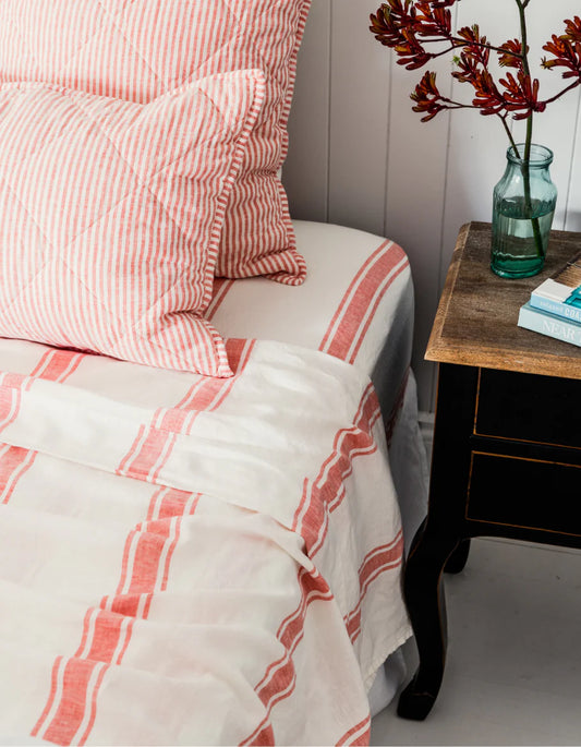 Salt Linen Flat Sheet - Red Coral Ticking Stripe