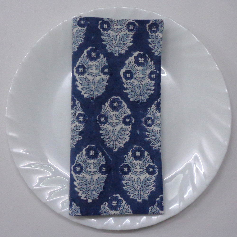 Hand Block Printed Cotton Napkin Boota Blue Set/4