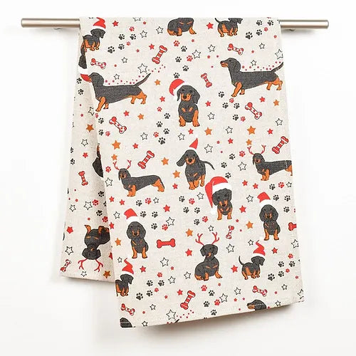 Dachshund Christmas Linen Tea Towel