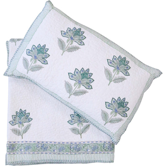 Bedspread Hand Block Printed Blue Sage Flower Queen/King