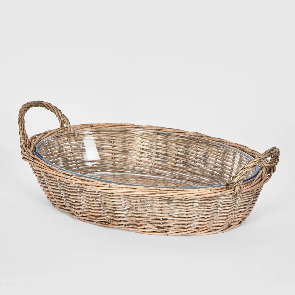 Oval Wicker Basket With Glass Dish