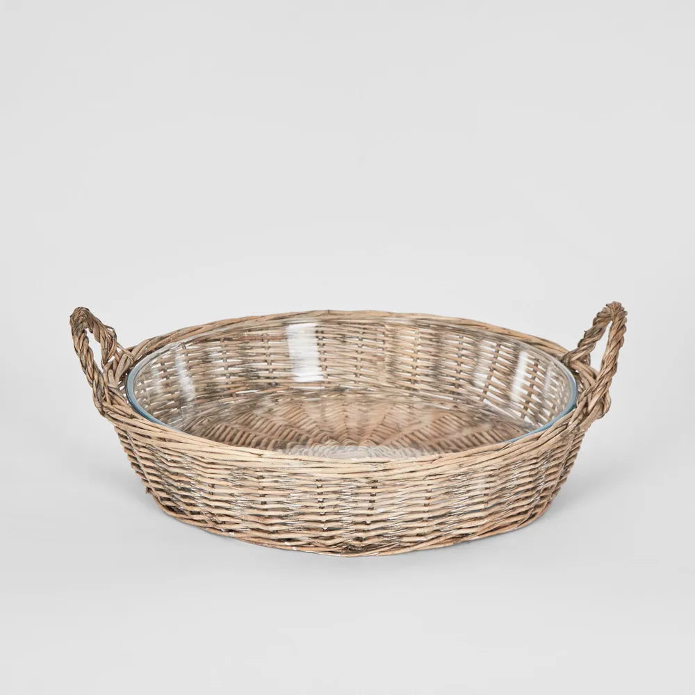 Round Wicker Basket With Glass Dish