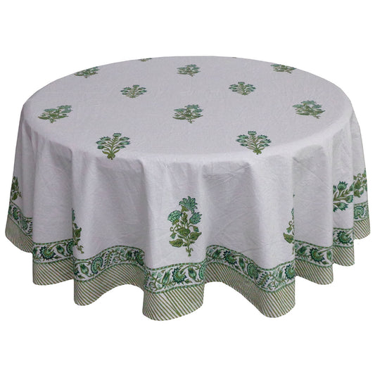 Block Print Round Table Cloth XL 275cm Green & White