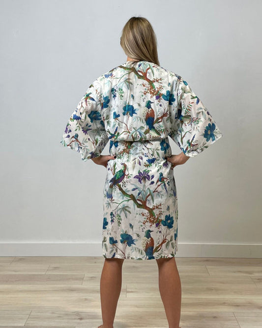 Bird Print Teal Half Sleeves Kimono