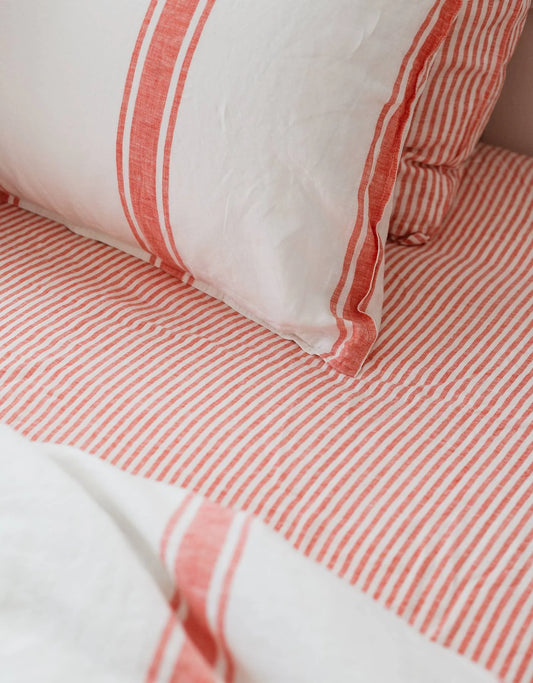 Salt Living Linen Queen Fitted Sheet - Red Coral Thin Stripe