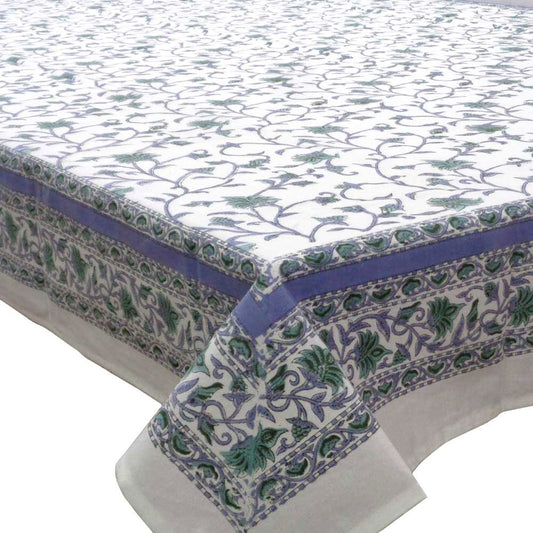 Block Print Square Table Cloth 220cm Floral "Bale" Blue