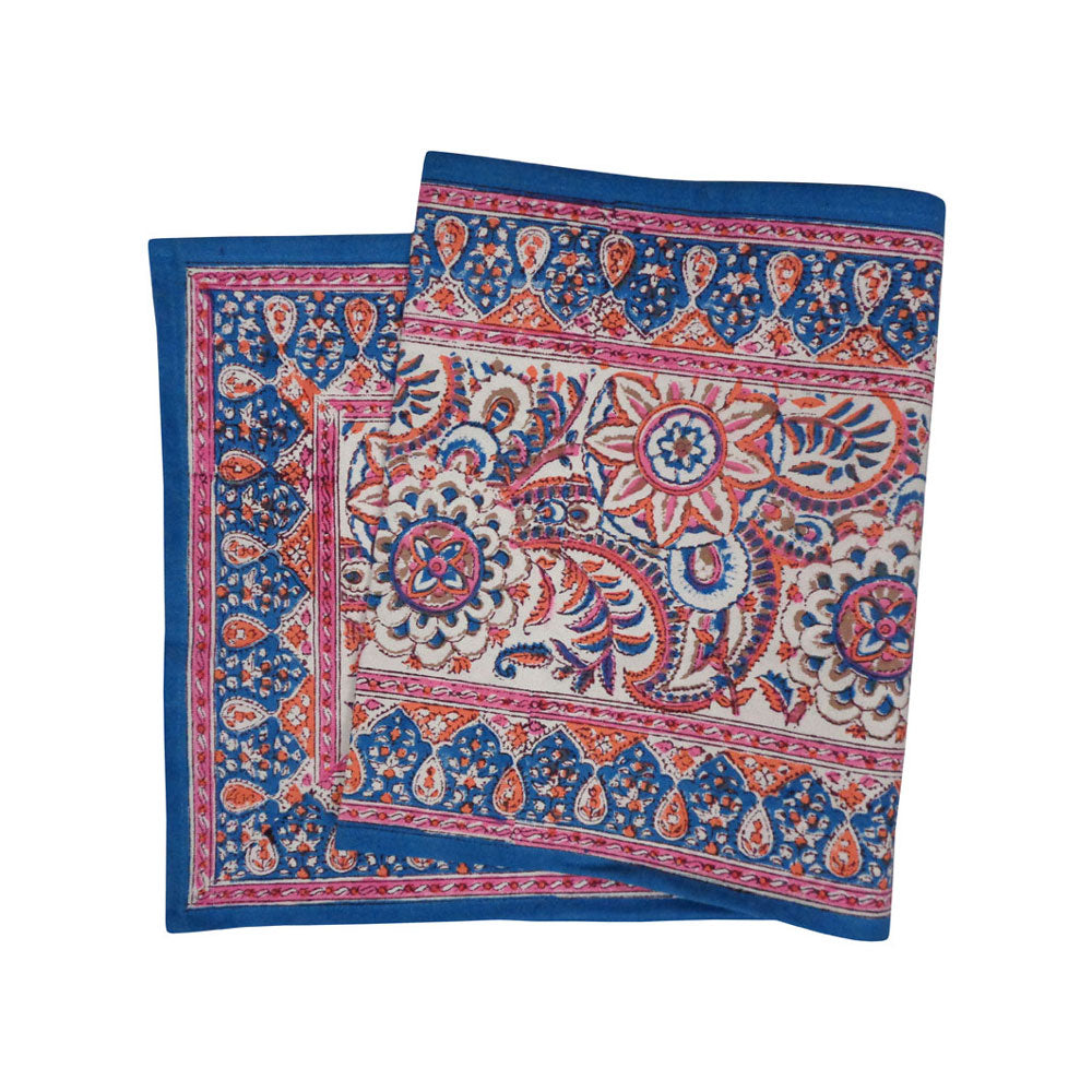 Table Runner Block Printed Kusum Gulabi Blue, Red + Pink 120x33cm